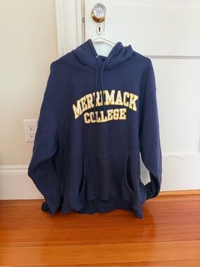 Merrimack College Navy Hoodie with Yellow and White Lettering